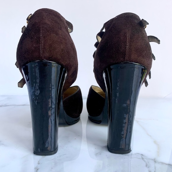 MICHEL PERRY PARIS SUEDE MULTI BUCKLE BLACK PATENT LEATHER PLATFORM HEELS 1990s. - Picture 5 of 7